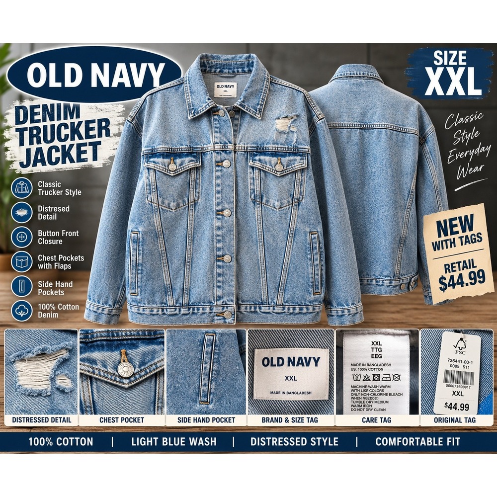 Old Navy Denim Trucker Jacket XXL Light Blue Distressed Cotton Jean Jacket NEW